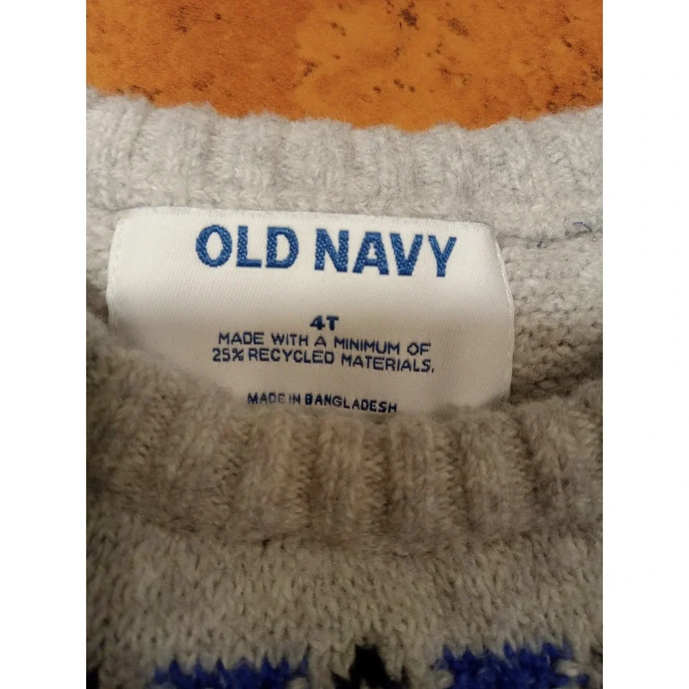 Old Navy Toddler 4T Gray Fair Isle Skiing Dinosaur Cotton Blend Knit Sweater